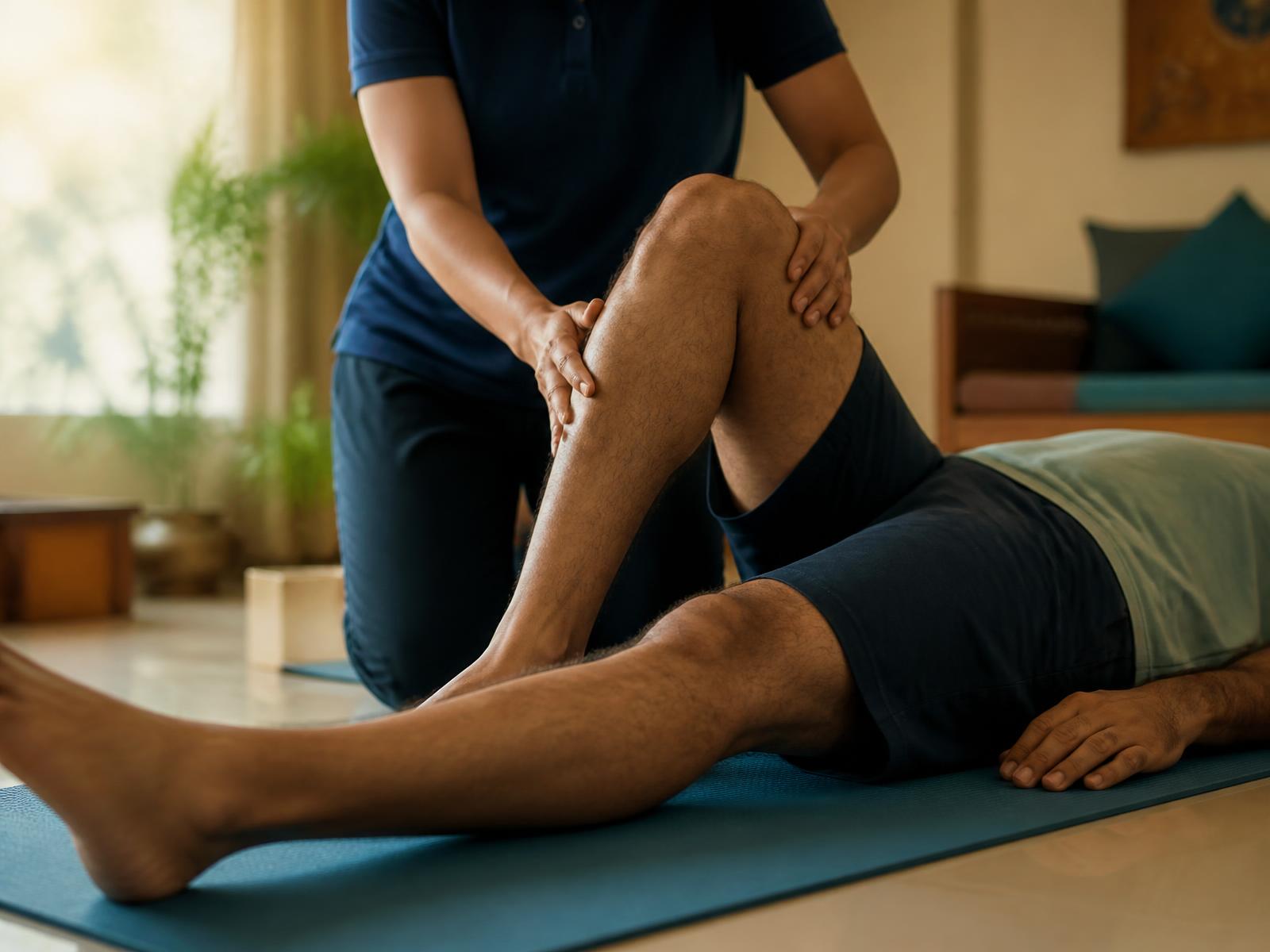 Physiotherapist guiding a patient through a knee mobility exercise during a home physiotherapy session in Bangalore